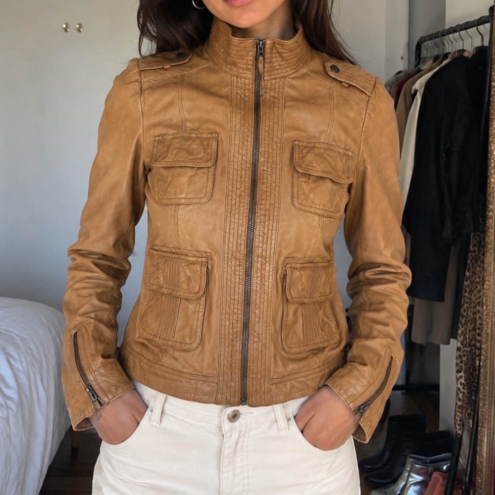 Lucky Brand Collection Tan Leather Moto Jacket Y2K Utility Pockets M VTG
Boho